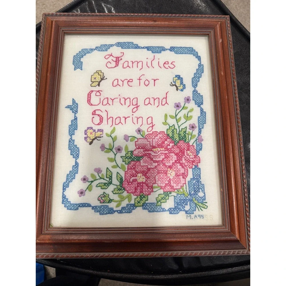Framed Cross Stitch Family Quote Art Families are for Caring Sharing Butterflies